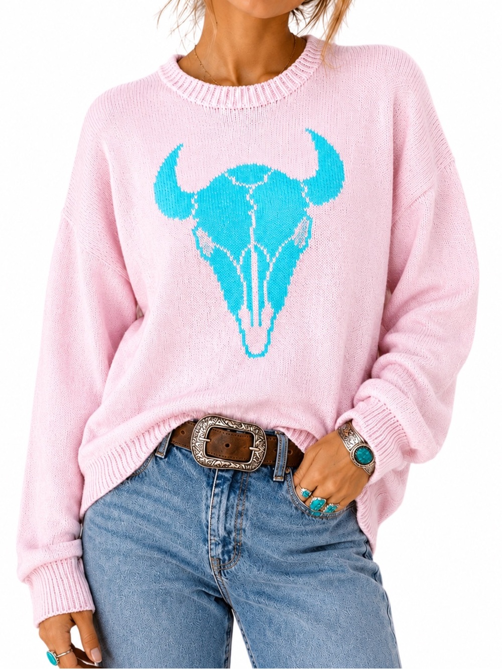 Vintage 80s Jane Smith Aspen Bull Skull Pink Cotton Western Sweater M